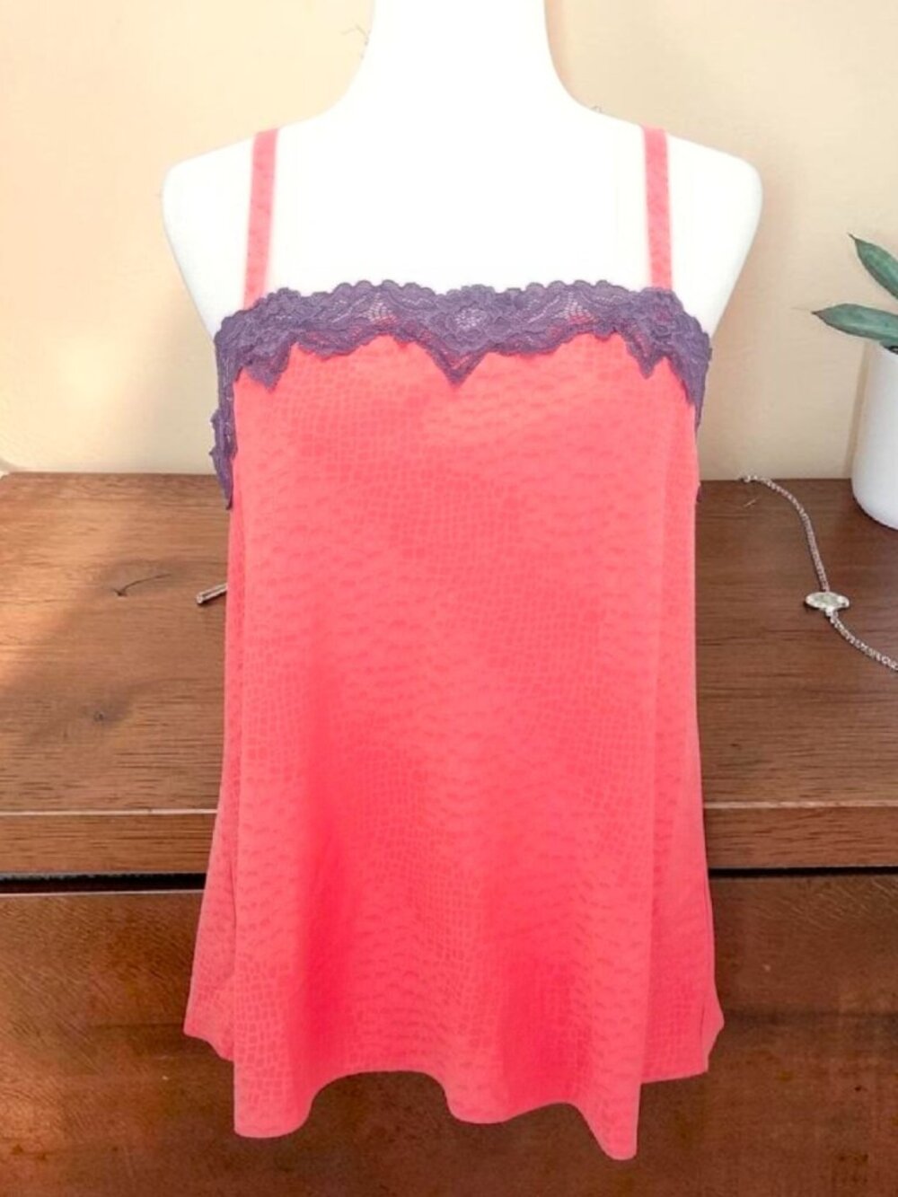 Satin Rose Top With Purple Lace Trim & Adjustable Straps - Womens Sleepwear Or L